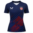 The Women's USA Rugby 24/25 7s Olympic Pro Home Jersey by Castore features navy blue fabric with red diagonal stripes, a Castore logo on the right chest, and a USA shield badge on the left chest.