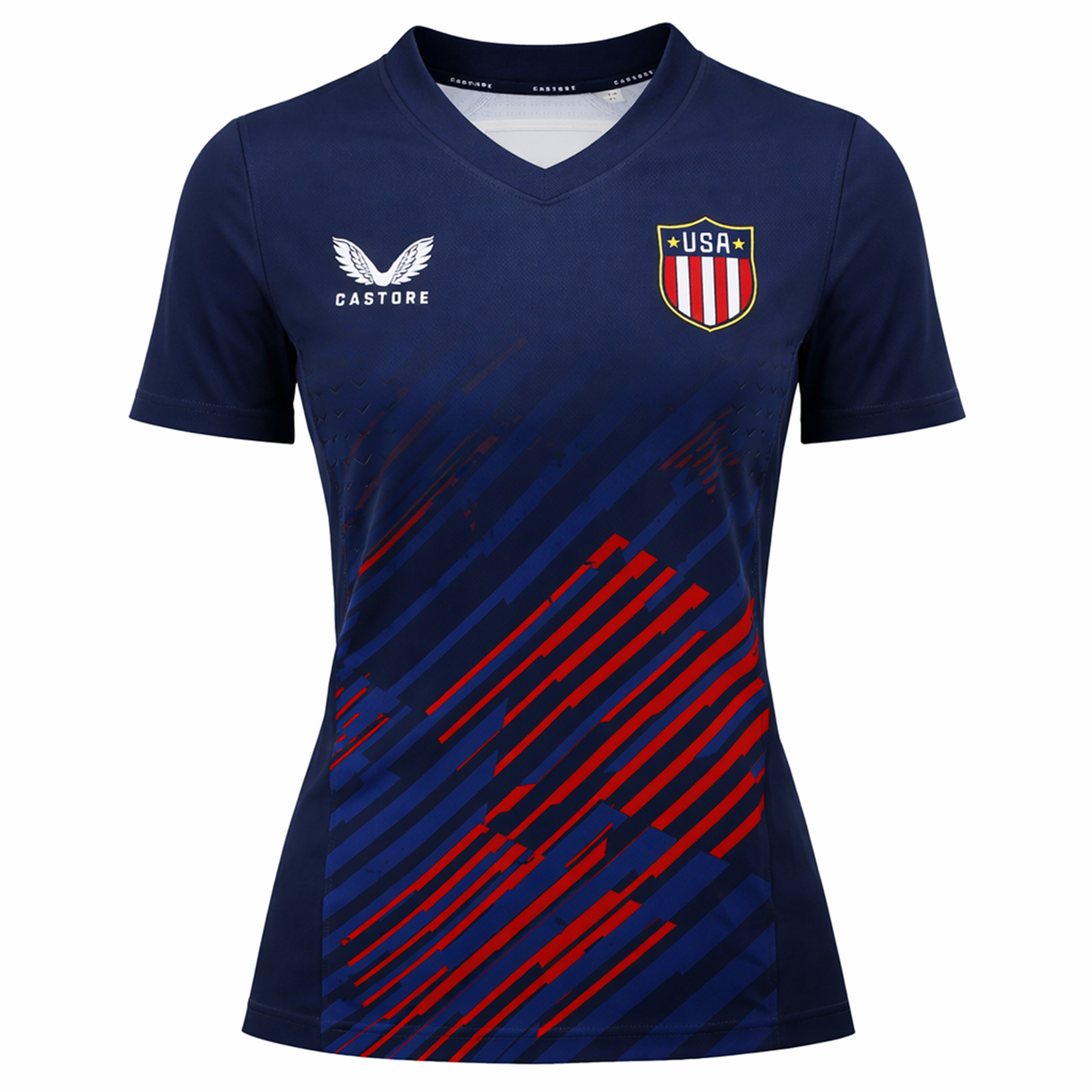 The Women's USA Rugby 24/25 7s Olympic Pro Home Jersey by Castore features navy blue fabric with red diagonal stripes, a Castore logo on the right chest, and a USA shield badge on the left chest.