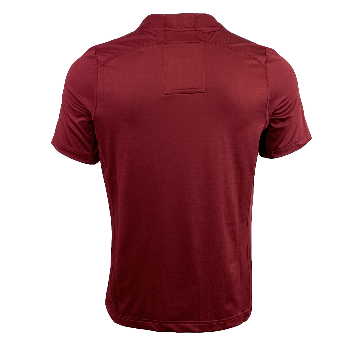 The Women's USA Rugby Pro Training Jersey by Castore, maroon and short-sleeved, features moisture-wicking fabric and is shown from the back.