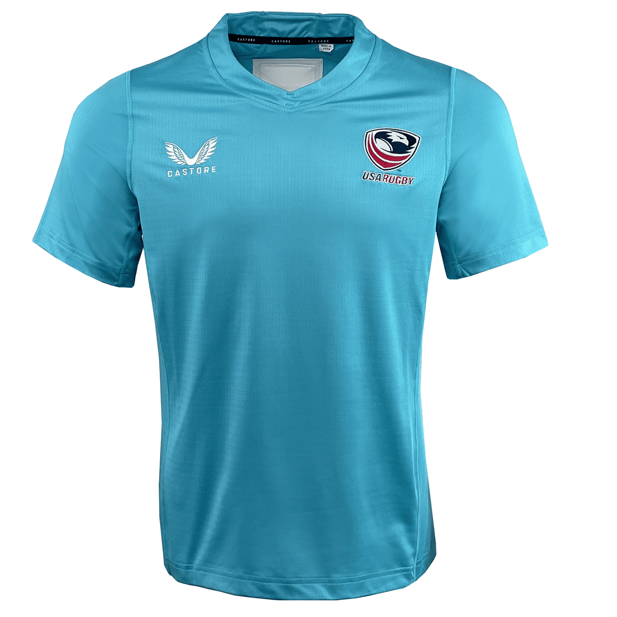 The Women's USA Rugby Pro Training Jersey by Castore is turquoise, made from moisture-wicking fabric, and features the USA Rugby logo and sleek Castore branding on the chest.