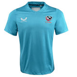 The Women's USA Rugby Pro Training Jersey by Castore is turquoise, made from moisture-wicking fabric, and features the USA Rugby logo and sleek Castore branding on the chest.