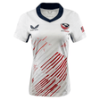 Show your support with the Women's USA Rugby 24/25 Away Jersey by Castore, featuring a navy collar, red/gray diagonal stripes, USA Rugby jersey logo on the chest, Castore branding, and an American flag on the sleeve.