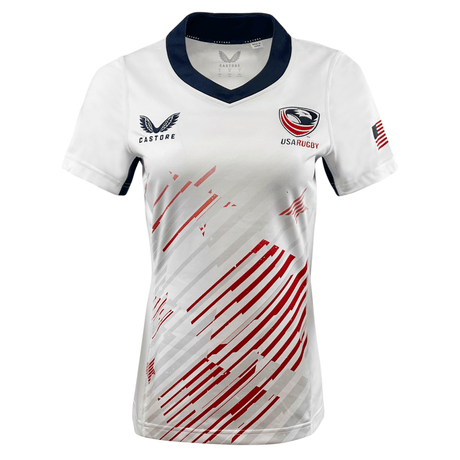 Show your support with the Women's USA Rugby 24/25 Away Jersey by Castore, featuring a navy collar, red/gray diagonal stripes, USA Rugby jersey logo on the chest, Castore branding, and an American flag on the sleeve.