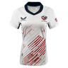 Show your support with the Women's USA Rugby 24/25 Away Jersey by Castore, featuring a navy collar, red/gray diagonal stripes, USA Rugby jersey logo on the chest, Castore branding, and an American flag on the sleeve.