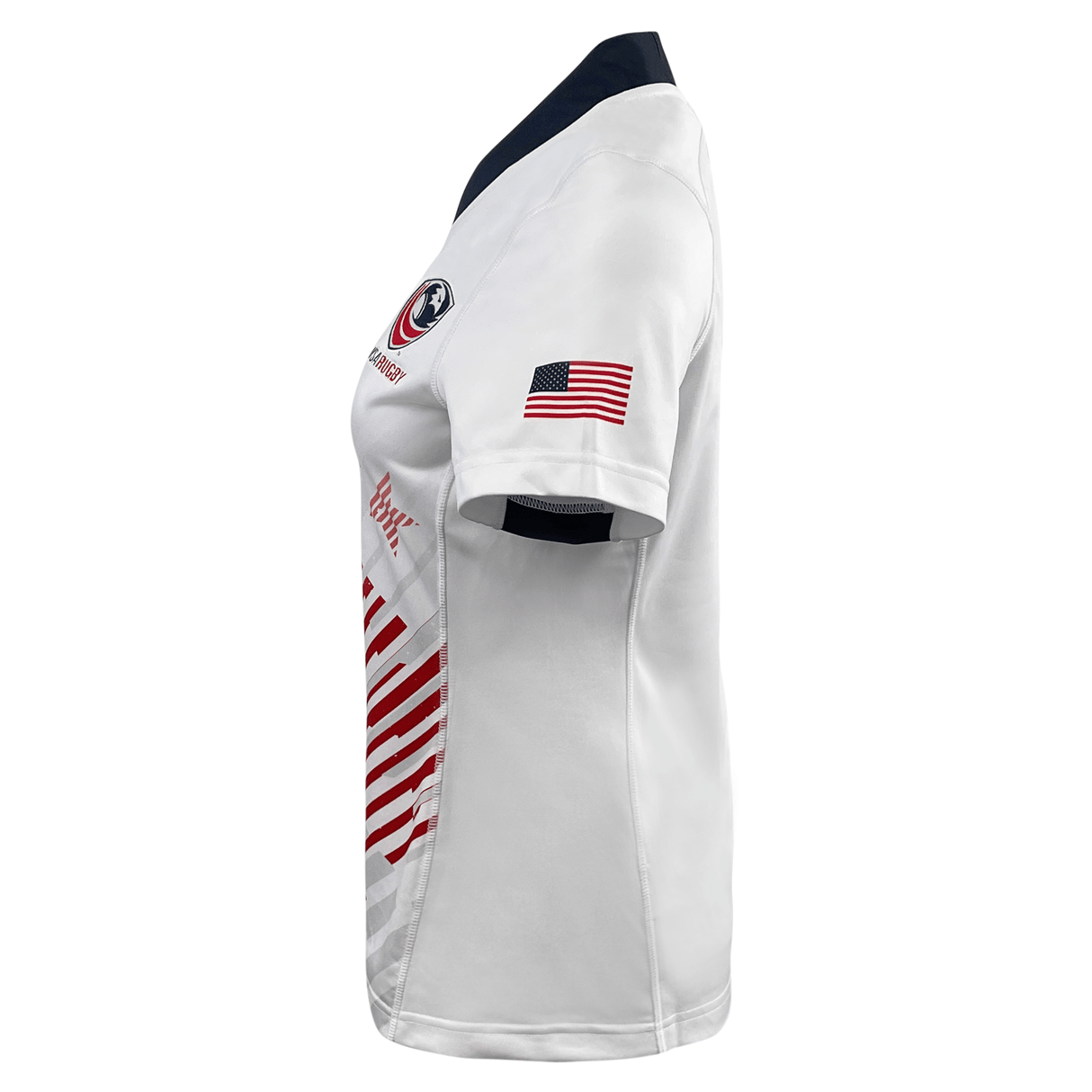 A women's Women's USA Rugby Replica Away Jersey 23/24 by Castore, with an American flag on it, perfect for USA Rugby or Eagles fans.