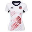 The Women's USA Rugby 7s Olympic Pro Away Jersey by Castore features a white design with a navy collar, USA shield crest, Castore logo, and red diagonal stripes—ideal for fans of Olympic Pro and USA Rugby 7s.
