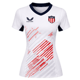 The Women's USA Rugby 7s Olympic Pro Away Jersey by Castore features a white design with a navy collar, USA shield crest, Castore logo, and red diagonal stripes—ideal for fans of Olympic Pro and USA Rugby 7s.