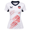 The Women's USA Rugby 7s Olympic Pro Away Jersey by Castore features a white design with a navy collar, USA shield crest, Castore logo, and red diagonal stripes—ideal for fans of Olympic Pro and USA Rugby 7s.