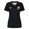The Women's Saracens Home Replica Jersey 24/25 by Castore features a black design with subtle checks, red collar accents, and white Castore and Saracens logos—ideal for rugby fans.