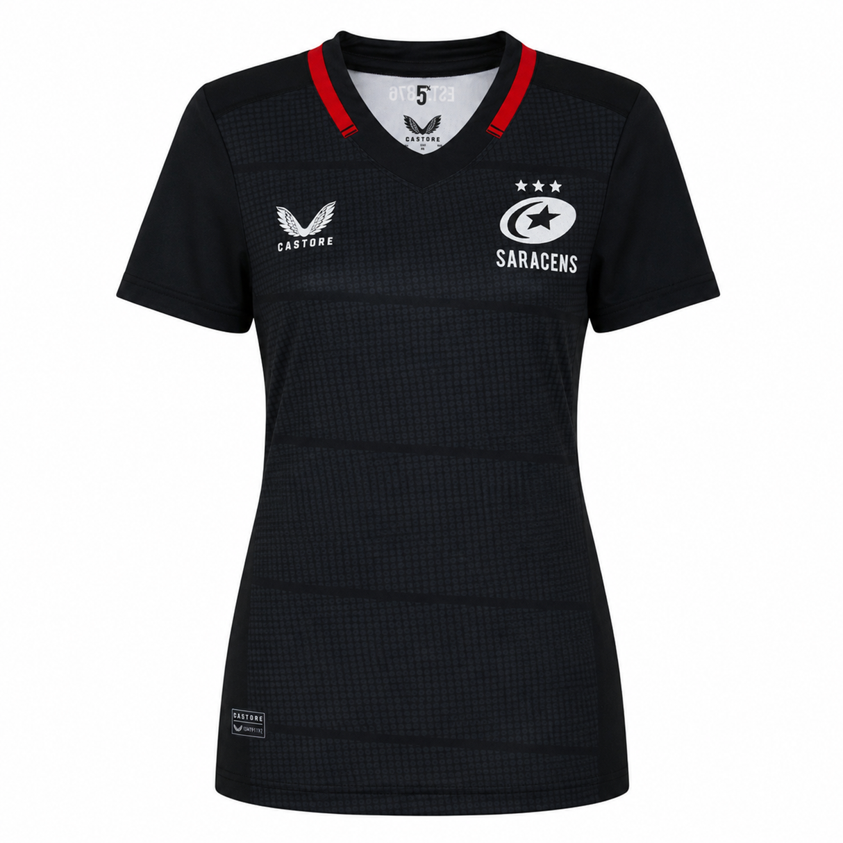 The Women's Saracens Home Replica Jersey 24/25 by Castore features a black design with subtle checks, red collar accents, and white Castore and Saracens logos—ideal for rugby fans.
