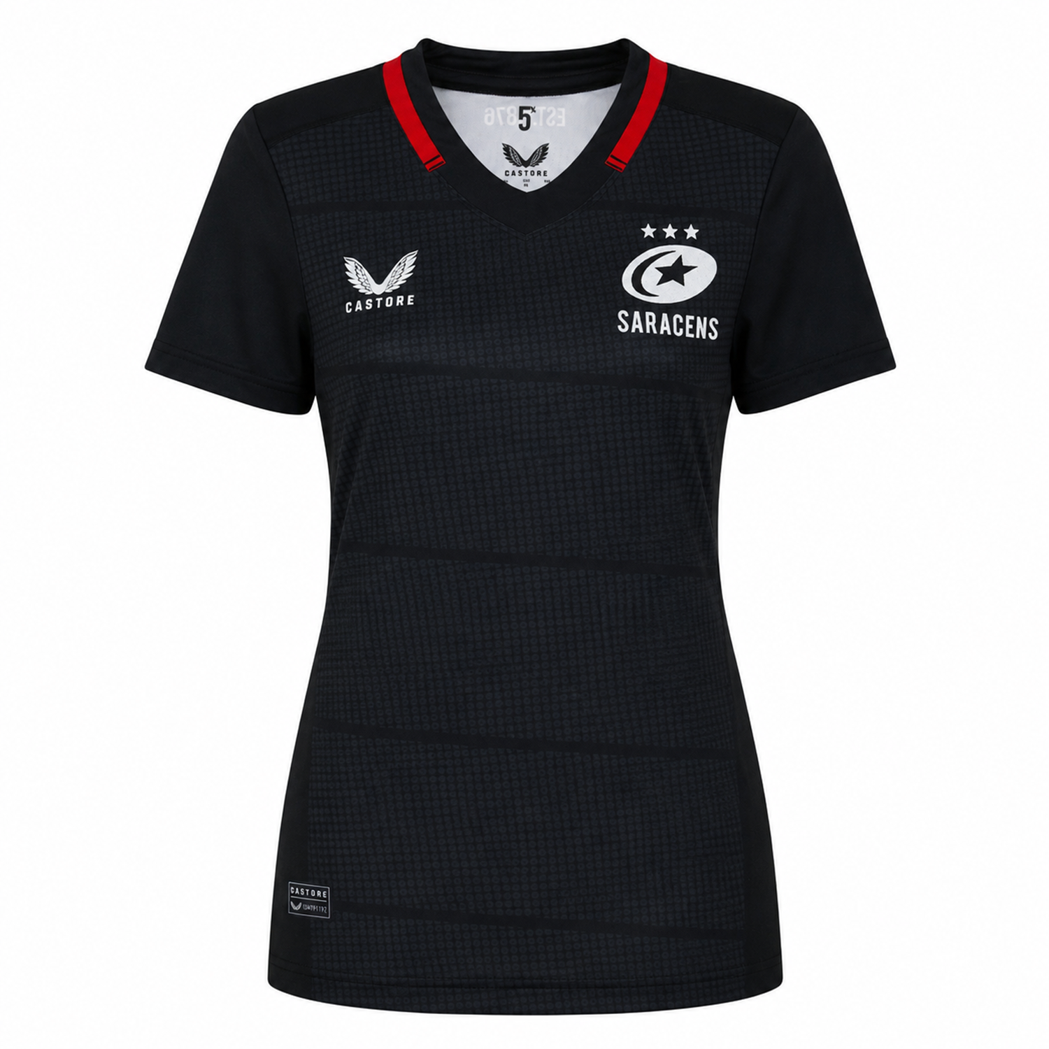 The Women's Saracens Home Replica Jersey 24/25 by Castore features a black design with subtle checks, red collar accents, and white Castore and Saracens logos—ideal for rugby fans.