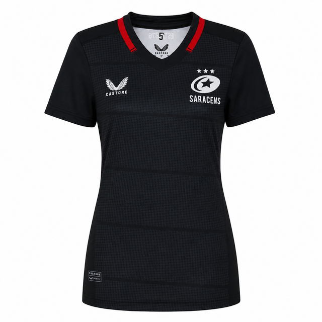 The Women's Saracens Home Replica Jersey 24/25 by Castore features a black design with subtle checks, red collar accents, and white Castore and Saracens logos—ideal for rugby fans.