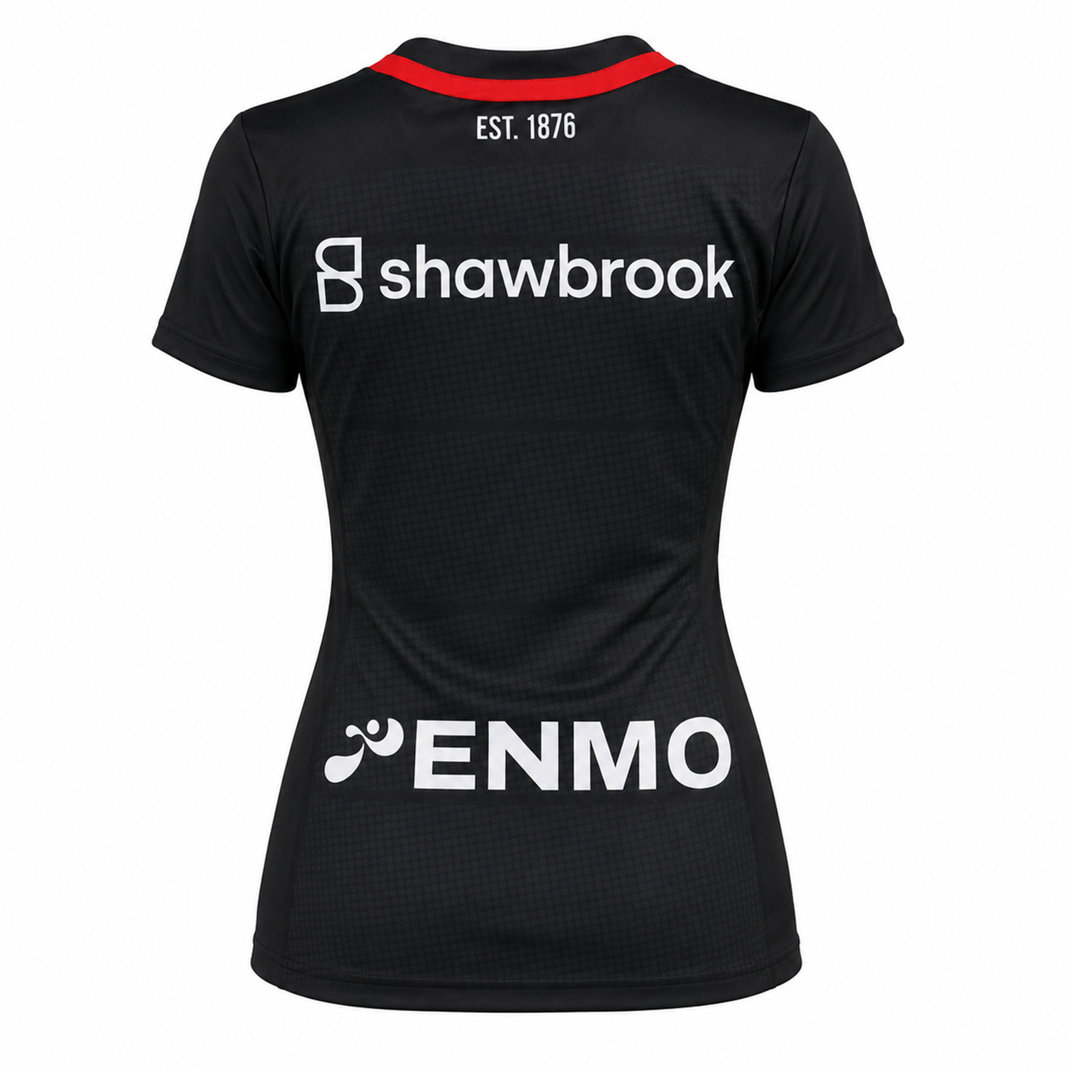 Back view of the Women's Saracens Home Replica Jersey 24/25 by Castore, featuring red trim and "EST. 1876," "shawbrook," and "ENMO" with logos—an ideal choice for women's rugby fans.