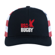 The USA Rugby Throwback Flag Cap by EMB Augusta is a black cap featuring "USA Rugby" and a red eagle logo on the front, plus bold red and white side stripes for a classic rugby look.