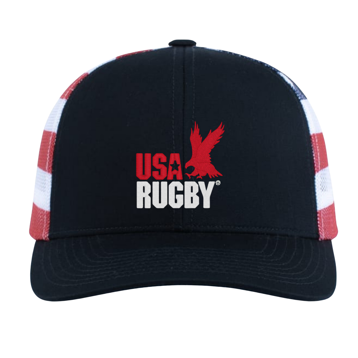 The USA Rugby Throwback Flag Cap by EMB Augusta is a black cap featuring "USA Rugby" and a red eagle logo on the front, plus bold red and white side stripes for a classic rugby look.