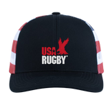 The USA Rugby Throwback Flag Cap by EMB Augusta is a black cap featuring "USA Rugby" and a red eagle logo on the front, plus bold red and white side stripes for a classic rugby look.