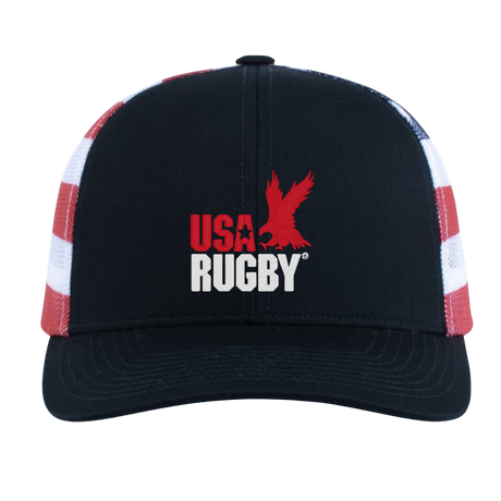 The USA Rugby Throwback Flag Cap by EMB Augusta is a black cap featuring "USA Rugby" and a red eagle logo on the front, plus bold red and white side stripes for a classic rugby look.