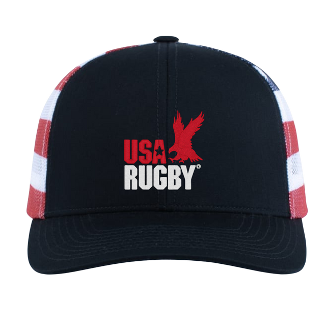 The USA Rugby Throwback Flag Cap by EMB Augusta is a black cap featuring "USA Rugby" and a red eagle logo on the front, plus bold red and white side stripes for a classic rugby look.