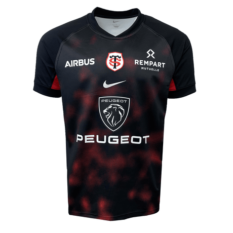 A black Stade Toulousain Replica Home Jersey by Nike, featuring logos from Airbus, Rempart Mutuelle, Peugeot, and a red and white "ST" emblem. Crafted with rugby-ready fabric for ultimate comfort and moisture-wicking to keep you dry.