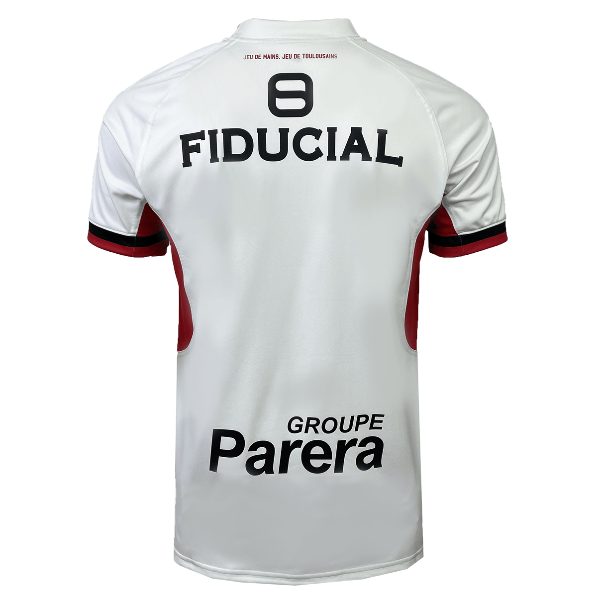 The back of the white Nike Stade Toulousain Replica Away Jersey features the number 8 and the words "Fiducial" and "Groupe Parera" printed on it.