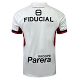 The back of the white Nike Stade Toulousain Replica Away Jersey features the number 8 and the words "Fiducial" and "Groupe Parera" printed on it.