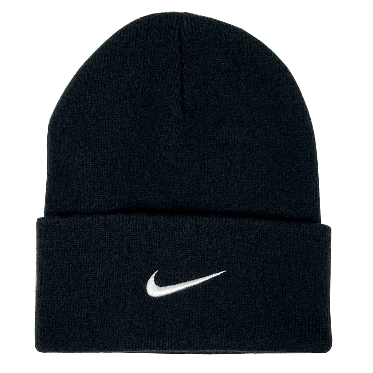 A black knitted beanie featuring a white Nike swoosh logo on the front, this RC Toulon Cuffed Beanie by Nike blends style and comfort effortlessly.