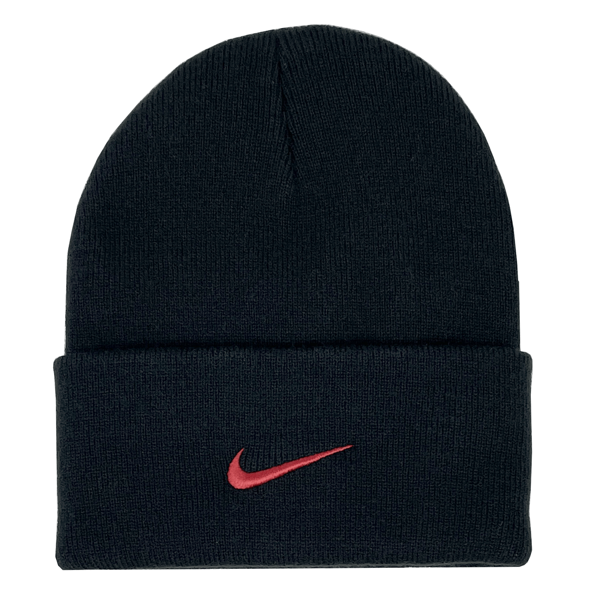 A Stade Toulousain Cuffed Beanie by Nike featuring a red swoosh logo on the front and an embroidered TS crest on the side.