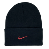 A Stade Toulousain Cuffed Beanie by Nike featuring a red swoosh logo on the front and an embroidered TS crest on the side.