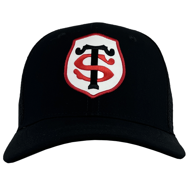 Front view of a black Stade Toulousain Classic 99 Trucker Cap by Nike featuring an embroidered ST crest with intertwined "S" and "T" letters in white and red, bordered by a red and white shield design.