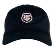 A Stade Toulousain Heritage 86 Cap by Nike is a black and pink adjustable hat with a light pink shield emblem embroidered on the front.