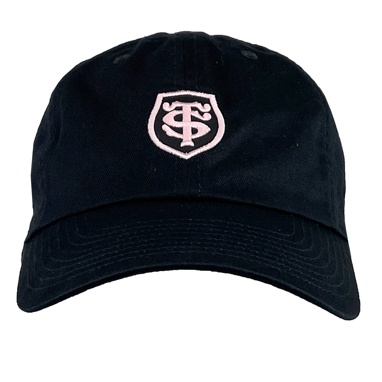 A Stade Toulousain Heritage 86 Cap by Nike is a black and pink adjustable hat with a light pink shield emblem embroidered on the front.