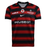 The Nike Stade Toulousain 25/26 Replica Home Jersey features black and red horizontal stripes, Airbus, Rempart, Peugeot logos, and the classic "ST" crest—an ideal pick for fans.