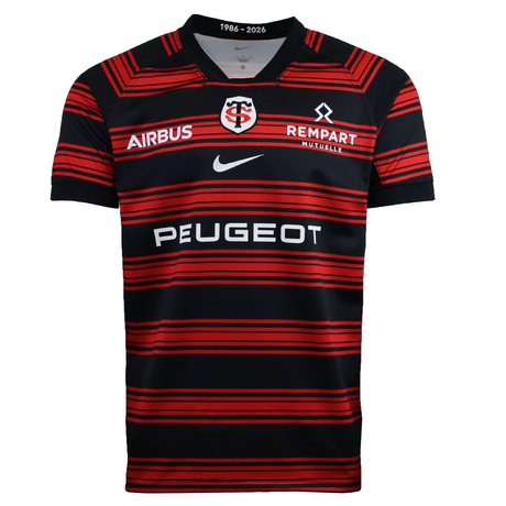 The Nike Stade Toulousain 25/26 Replica Home Jersey features black and red horizontal stripes, Airbus, Rempart, Peugeot logos, and the classic "ST" crest—an ideal pick for fans.