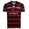 The Nike Stade Toulousain 25/26 Replica Home Jersey features black and red horizontal stripes, Airbus, Rempart, Peugeot logos, and the classic "ST" crest—an ideal pick for fans.