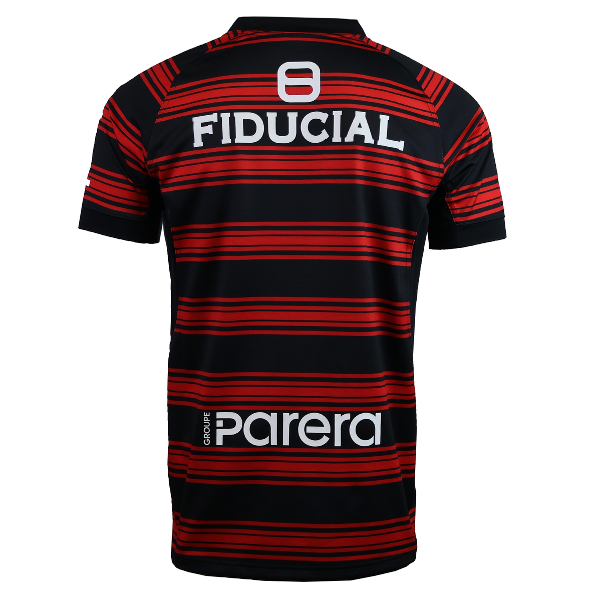 The Stade Toulousain 25/26 Replica Home Jersey by Nike features black and red stripes, the number 8, "FIDUCIAL" and "Parera" in white—a must-have official home jersey for true fans.