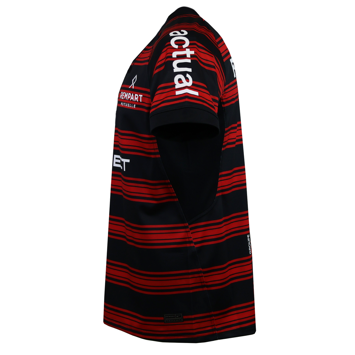 Side view of the Nike Stade Toulousain 25/26 Replica Home Jersey, featuring short sleeves, horizontal red and black stripes, sponsor logos, and "actual" on the right sleeve.