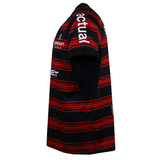 Side view of the Nike Stade Toulousain 25/26 Replica Home Jersey, featuring short sleeves, horizontal red and black stripes, sponsor logos, and "actual" on the right sleeve.