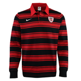 The Stade Toulousain 25/26 Heritage Long Sleeve Rugby Jersey by Nike features bold red stripes, a red collar, the Nike logo, and club crest—a classic black rugby shirt for fans.