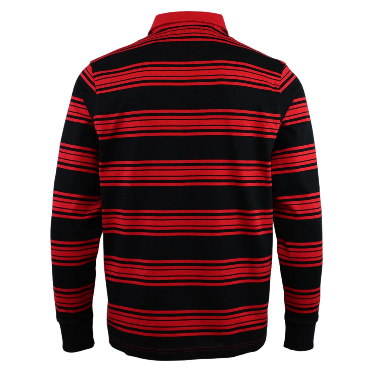 The Stade Toulousain 25/26 Heritage Long Sleeve Rugby Jersey by Nike features a black back with horizontal red stripes, plus solid red collar and cuffs, in classic Stade Toulousain style.