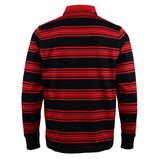 The Stade Toulousain 25/26 Heritage Long Sleeve Rugby Jersey by Nike features a black back with horizontal red stripes, plus solid red collar and cuffs, in classic Stade Toulousain style.