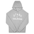 The Stade Toulousain 25/26 Premium Pullover Hoodie by Nike is a light gray hoodie with "STADE TOULOUSAIN" in white on the front and a drawstring hood for comfort.