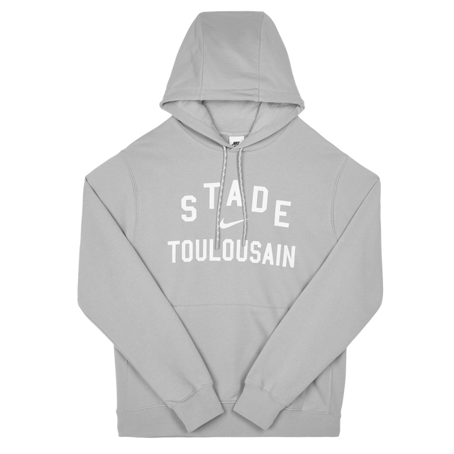 The Stade Toulousain 25/26 Premium Pullover Hoodie by Nike is a light gray hoodie with "STADE TOULOUSAIN" in white on the front and a drawstring hood for comfort.