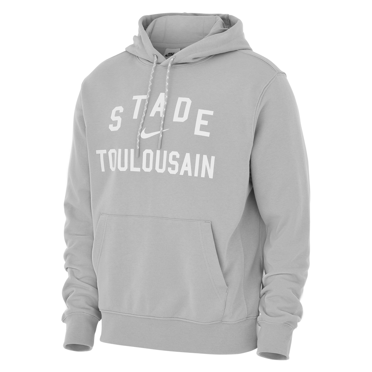 The Nike Stade Toulousain 25/26 Premium Pullover Hoodie features a light gray design, front pocket, and white Nike logo on the chest—combining comfort and sporty style for dedicated rugby fans.