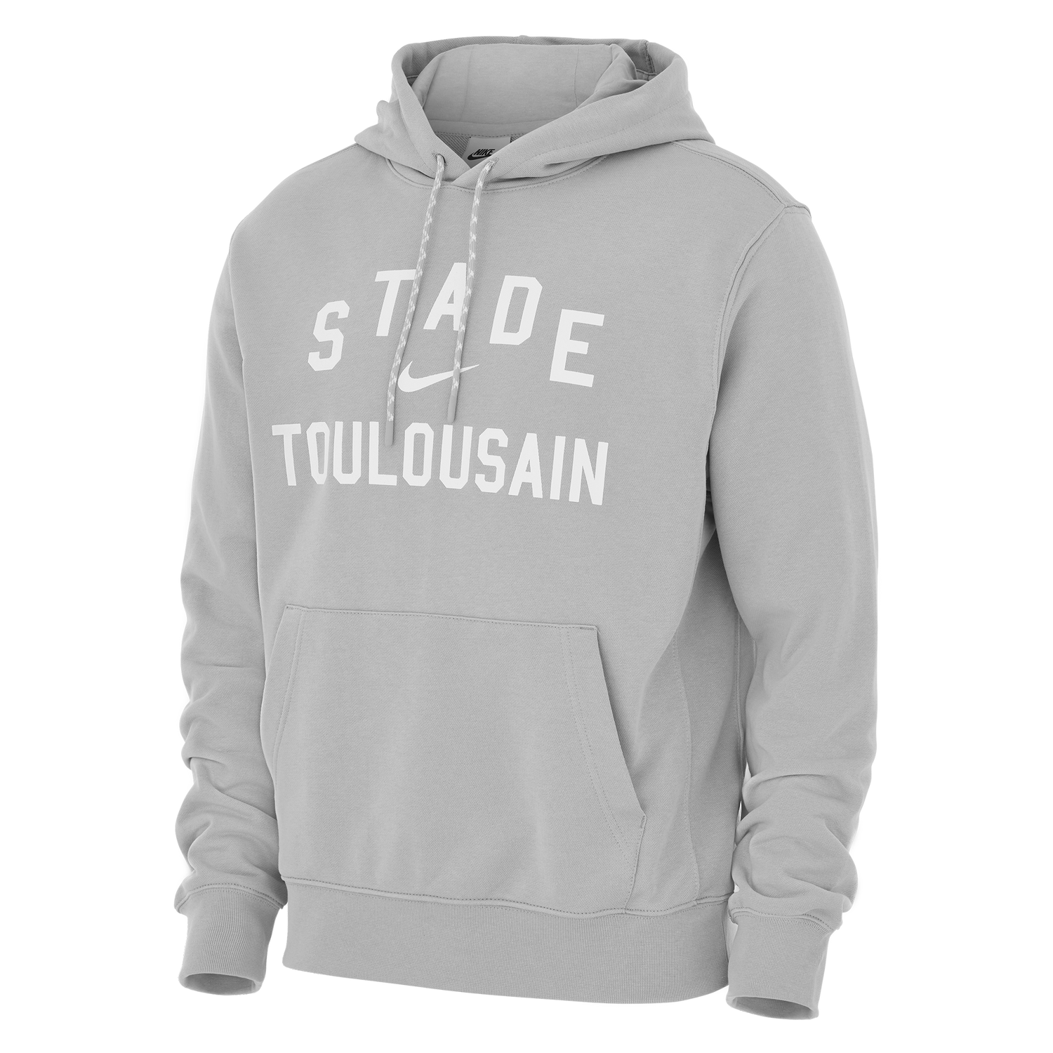 The Nike Stade Toulousain 25/26 Premium Pullover Hoodie features a light gray design, front pocket, and white Nike logo on the chest—combining comfort and sporty style for dedicated rugby fans.