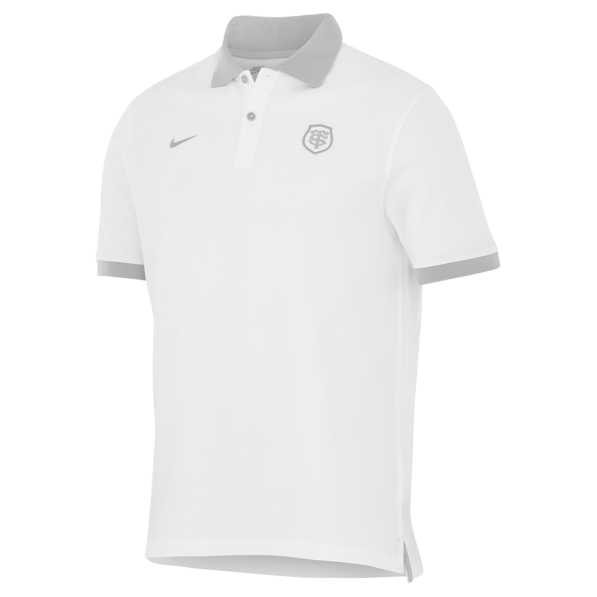 The Stade Toulousain 25/26 Premium Pique Polo by Nike is a plain white short-sleeve polo with a light gray collar and sleeve cuffs, featuring a small Nike logo and an embroidered crest on the chest.