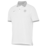 The Stade Toulousain 25/26 Premium Pique Polo by Nike is a plain white short-sleeve polo with a light gray collar and sleeve cuffs, featuring a small Nike logo and an embroidered crest on the chest.