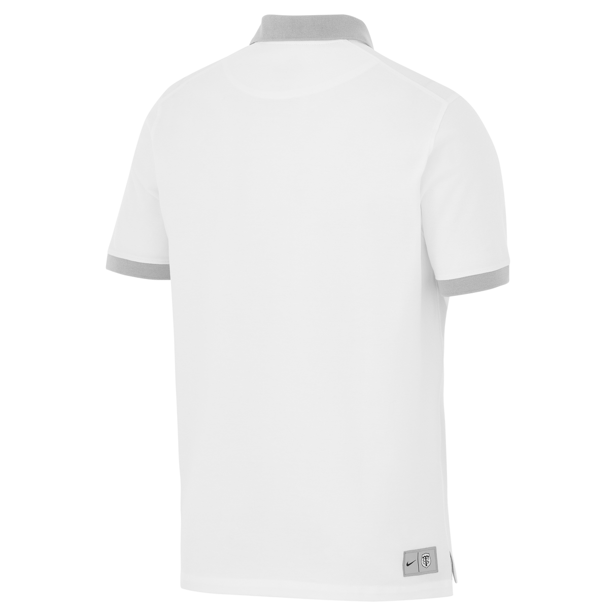 Back view of the Stade Toulousain 25/26 Premium Pique Polo by Nike in white, featuring a grey collar and sleeve hems, plus small tags near the bottom hem.