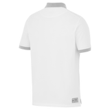 Back view of the Stade Toulousain 25/26 Premium Pique Polo by Nike in white, featuring a grey collar and sleeve hems, plus small tags near the bottom hem.