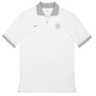 The Nike Stade Toulousain 25/26 Premium Pique Polo is a white short-sleeve shirt with a grey collar and sleeve trim, featuring a small grey Nike logo and the Stade Toulousain crest on the left chest.