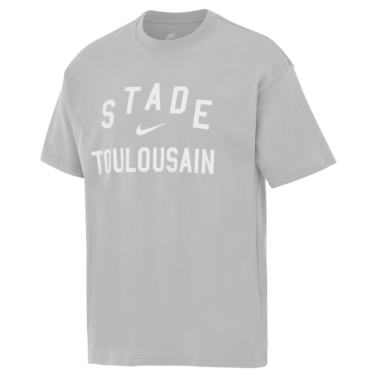 The Stade Toulousain 25/26 Premium Loose-Fit T-Shirt by Nike is a light grey cotton tee with "STADE TOULOUSAIN" and a white Nike logo printed on the front.